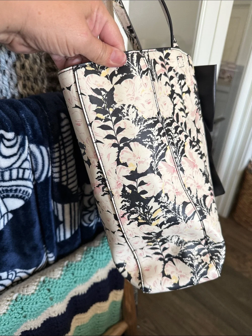 Karl Lagerfeld Black and Pink Floral Tote with Signature Bow